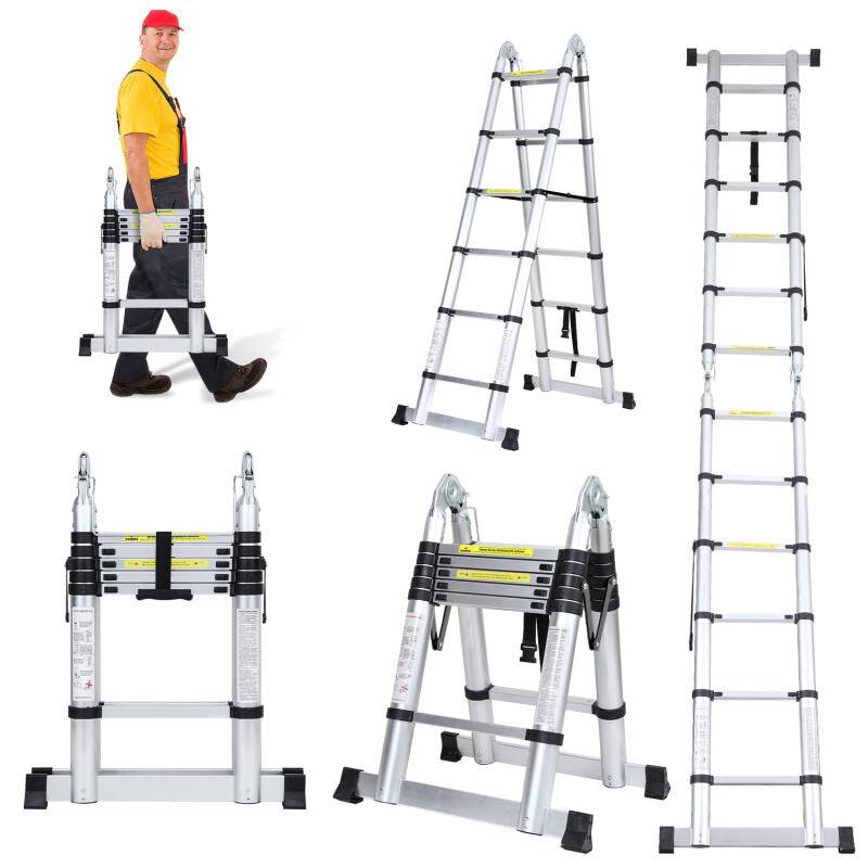 Teleskopleiter Ausziehleiter Klappleiter Stabil Aluminium Stehleiter Silber ohne haken Mit Stabilisator Mit Rädern 1,9m+1,9m