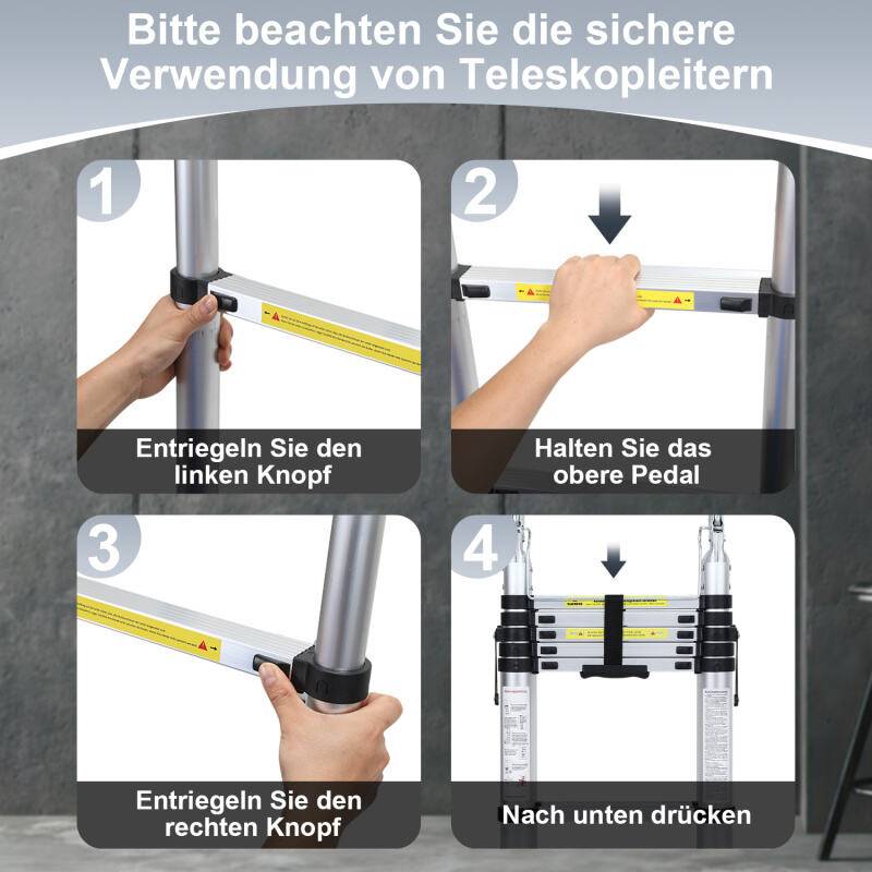 Teleskopleiter Ausziehleiter Klappleiter Stabil Aluminium Stehleiter Silber ohne haken Mit Stabilisator Mit Rädern 1,9m+1,9m
