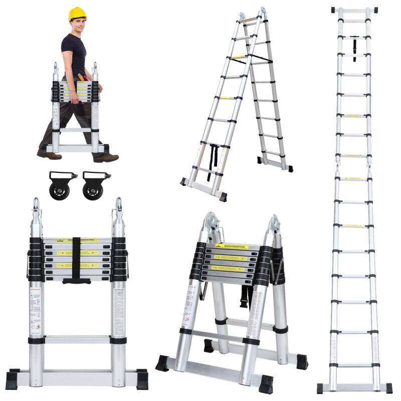 Teleskopleiter Ausziehleiter Klappleiter Stabil Aluminium Stehleiter Silber ohne haken Mit Stabilisator Mit Rädern 2,5m+2,5m