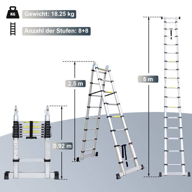 Teleskopleiter Ausziehleiter Klappleiter Stabil Aluminium Stehleiter 2,5m+2,5m Silber ohne haken Mit Stabilisator Mit Rädern