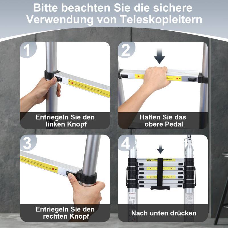 Teleskopleiter Ausziehleiter Klappleiter Stabil Aluminium Stehleiter Silber ohne haken Mit Stabilisator Mit Rädern 2,5m+2,5m