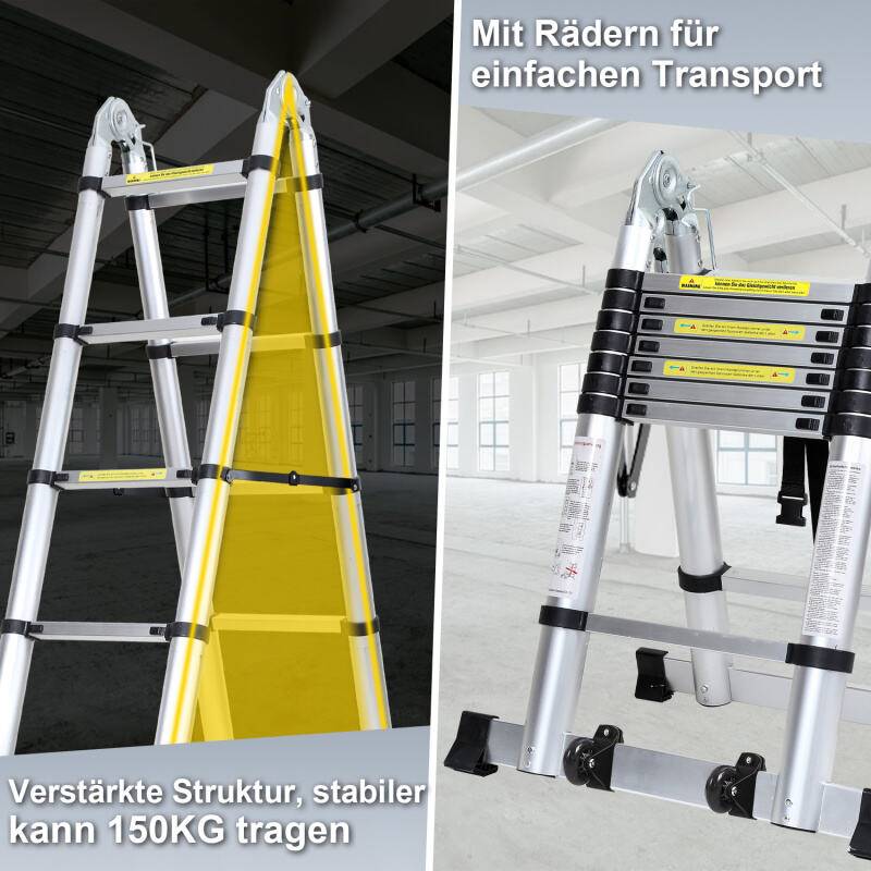 Teleskopleiter Ausziehleiter Klappleiter Stabil Aluminium Stehleiter Silber ohne haken Mit Stabilisator Mit Rädern 2,5m+2,5m