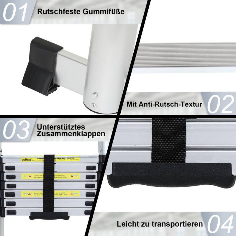 Teleskopleiter Ausziehleiter Klappleiter Stabil Aluminium Stehleiter 2,5m+2,5m Silber ohne haken Mit Stabilisator Mit Rädern