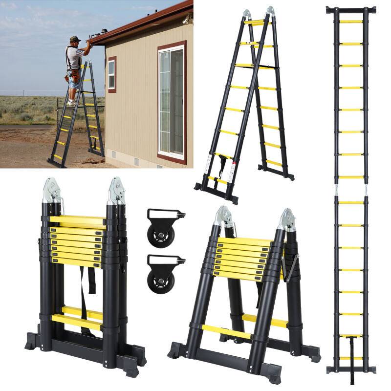 Teleskopleiter Ausziehleiter Klappleiter Stabil Aluminium Stehleiter schwarz+gelb ohne haken Mit Stabilisator Mit Rädern 2,5m+2,5m