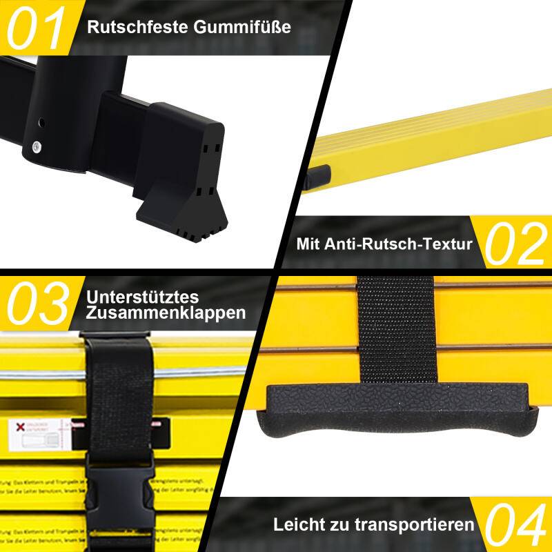 Teleskopleiter Ausziehleiter Klappleiter Stabil Aluminium Stehleiter 2,5m+2,5m schwarz+gelb ohne haken Mit Stabilisator Mit Rädern