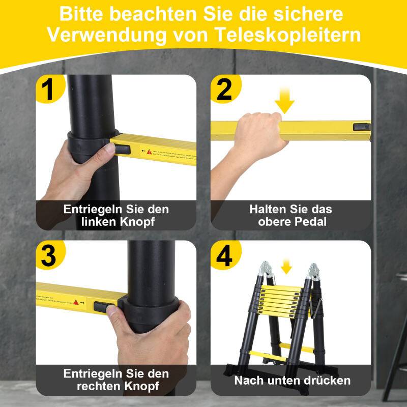 Teleskopleiter Ausziehleiter Klappleiter Stabil Aluminium Stehleiter schwarz+gelb ohne haken Mit Stabilisator Mit Rädern 2,5m+2,5m