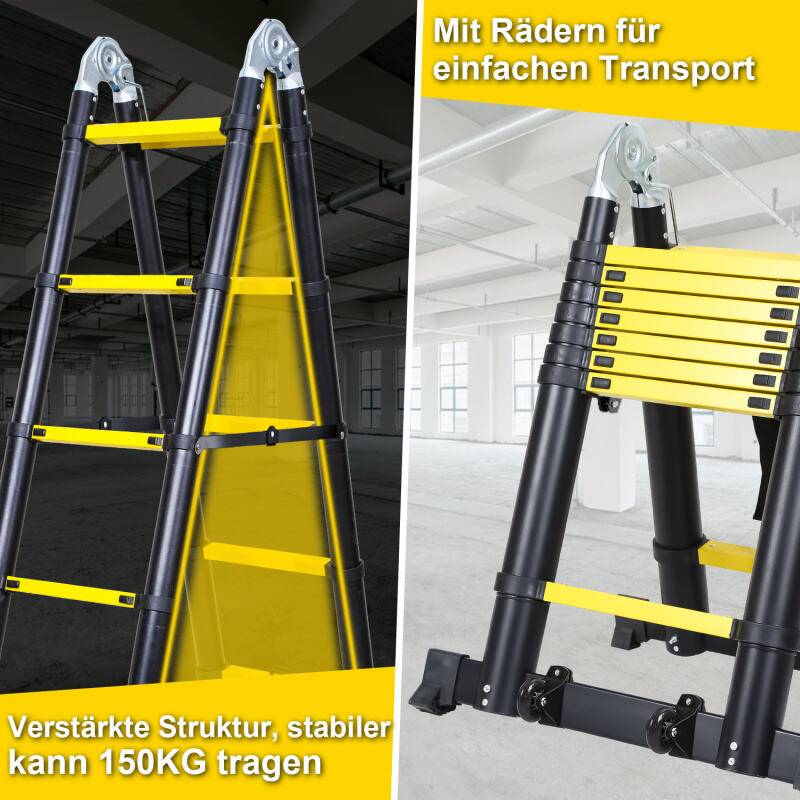 Teleskopleiter Ausziehleiter Klappleiter Stabil Aluminium Stehleiter 2,5m+2,5m schwarz+gelb ohne haken Mit Stabilisator Mit Rädern
