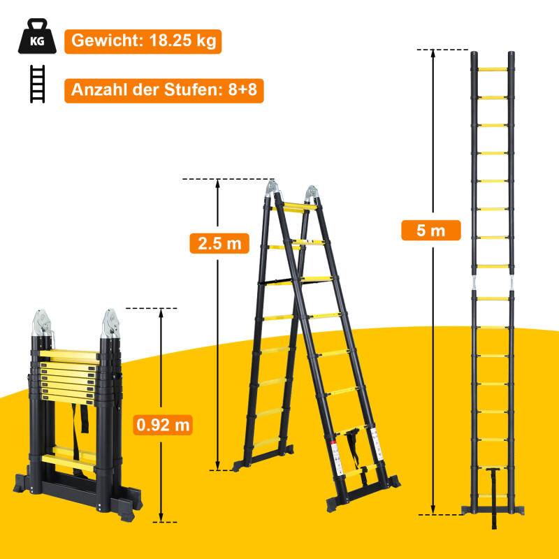 Teleskopleiter Ausziehleiter Klappleiter Stabil Aluminium Stehleiter schwarz+gelb ohne haken Mit Stabilisator Mit Rädern 2,5m+2,5m