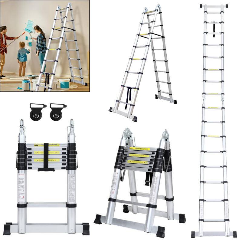 Teleskopleiter Ausziehleiter Klappleiter Stabil Aluminium Stehleiter bis 150kg 2,5m+2,5m Silber ohne haken Mit Stabilisator Mit Rädern