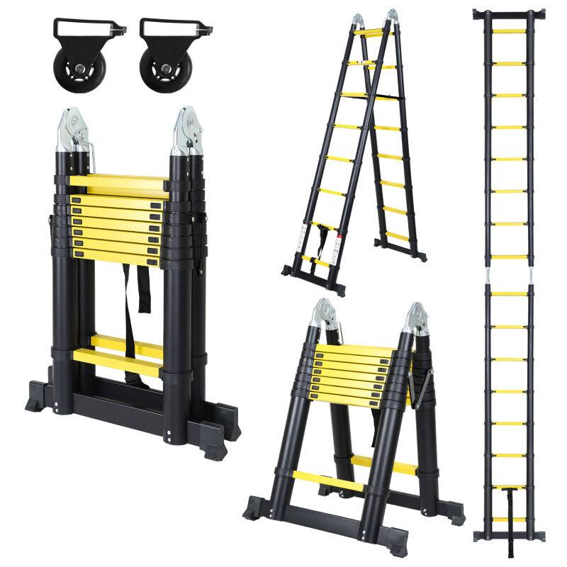 Teleskopleiter Ausziehleiter Klappleiter Stabil Aluminium Stehleiter bis 150kg 2,5m+2,5m schwarz+gelb ohne haken Mit Stabilisator Mit Rädern