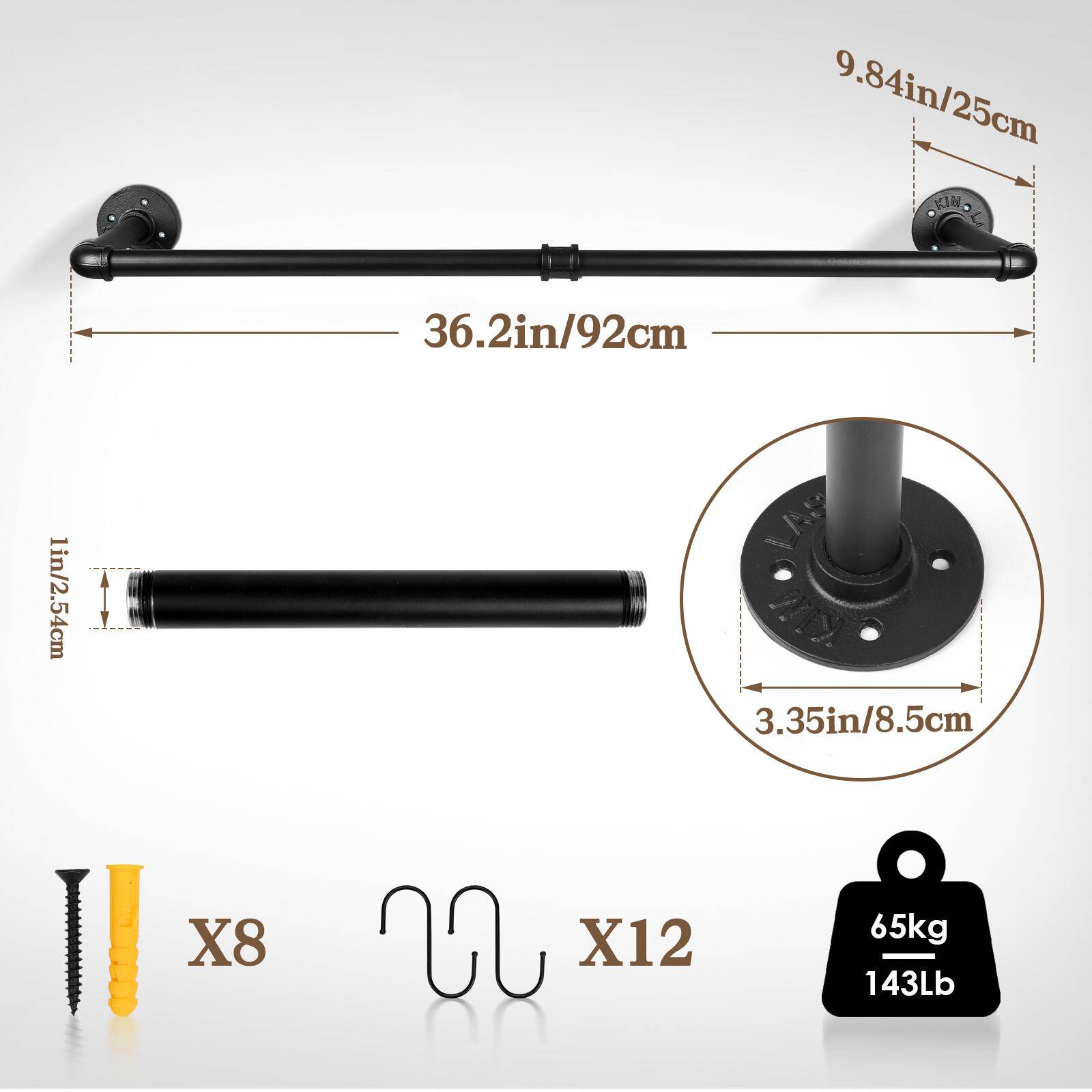Kleiderstange (1 St),Kleiderständer für die Wand,65 kg Belastbarkeit,Kleiderstange Garderobenstange im Industrie-Design,schwarz