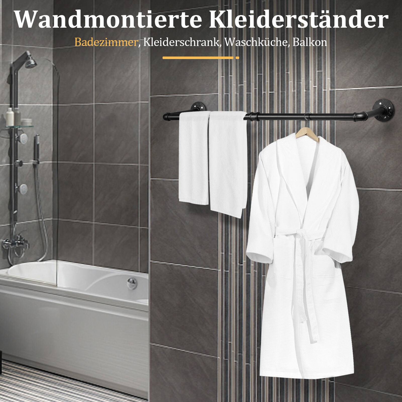 Kleiderstange (2 St),Kleiderständer für die Wand,65 kg Belastbarkeit,Kleiderstange Garderobenstange im Industrie-Design,schwarz