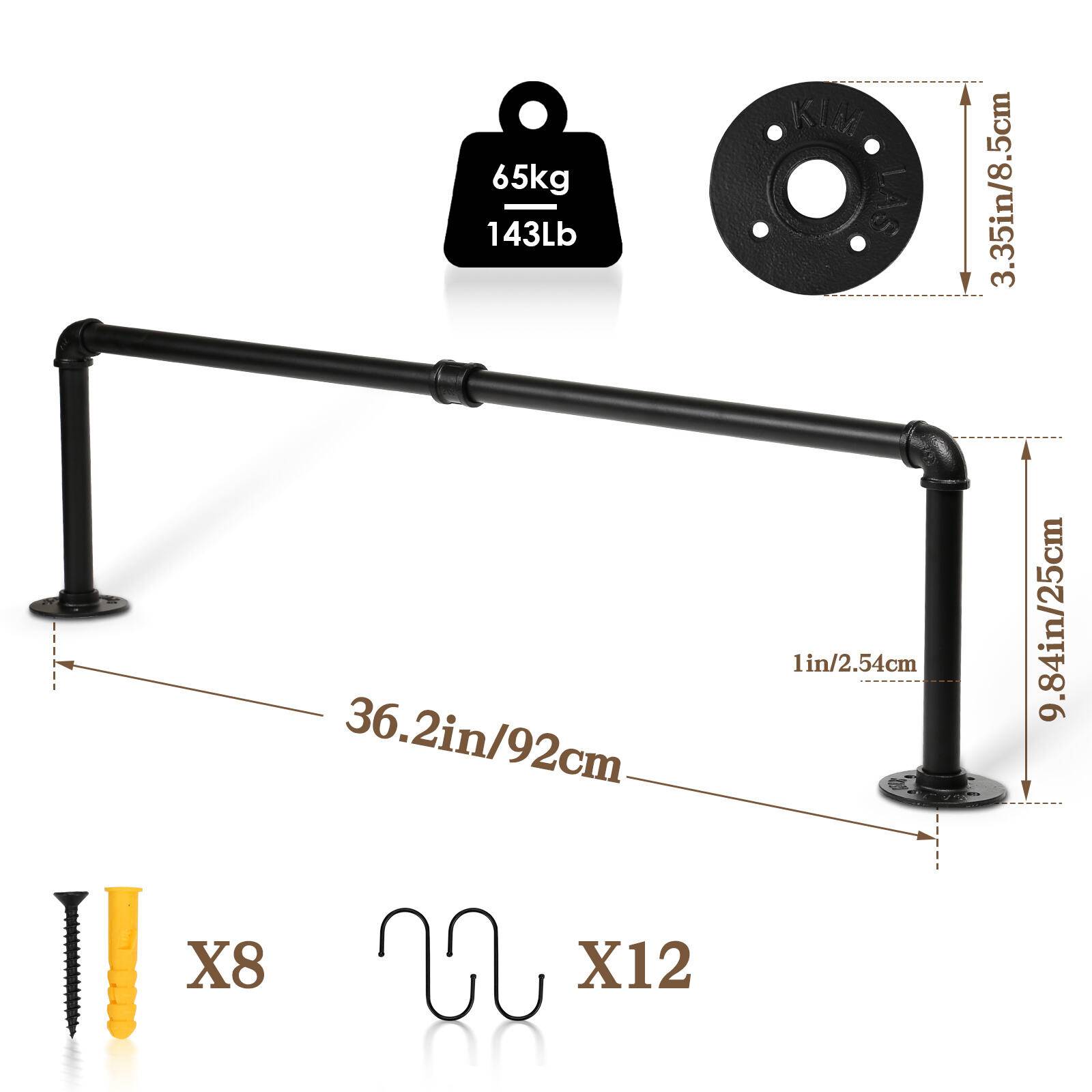 Kleiderstange (2 St),Kleiderständer für die Wand,65 kg Belastbarkeit,Kleiderstange Garderobenstange im Industrie-Design,schwarz