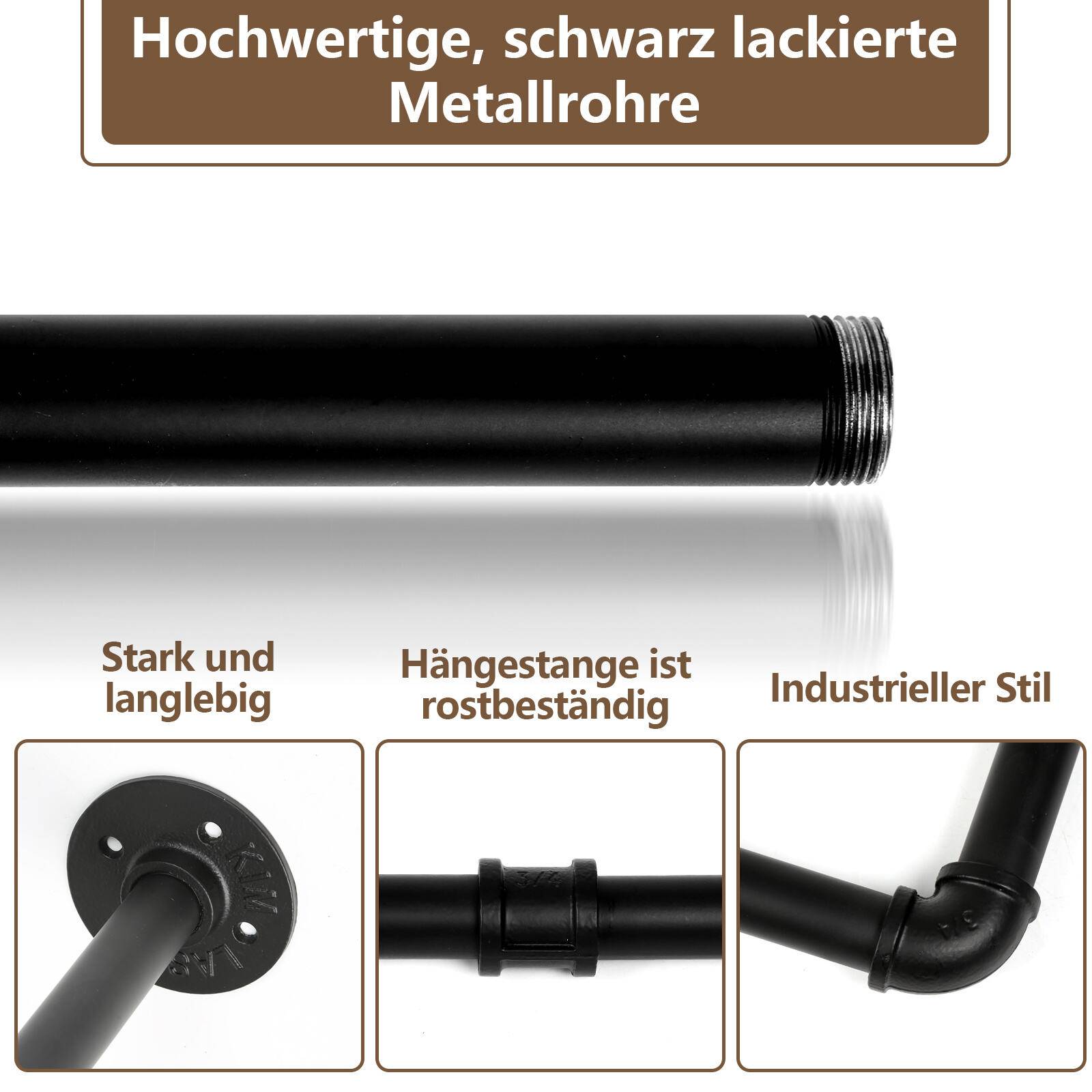 Kleiderstange (2 St),Kleiderständer für die Wand,65 kg Belastbarkeit,Kleiderstange Garderobenstange im Industrie-Design,schwarz