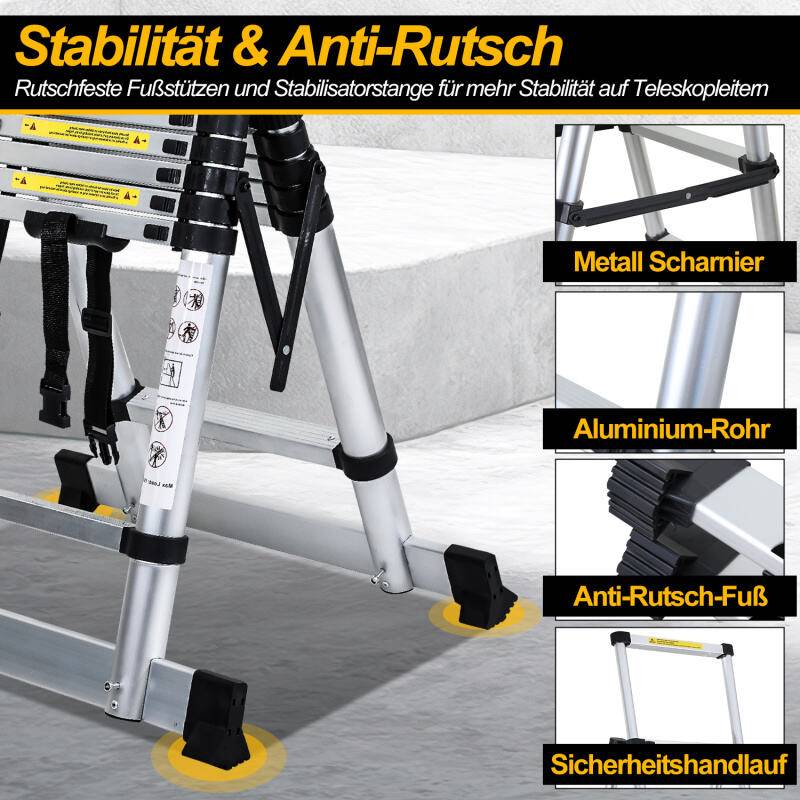 Teleskopleiter Ausziehleiter Klappleiter Stabil Aluminium Stehleiter bis 150kg 1.7m+2.0m Mit Waagebalken