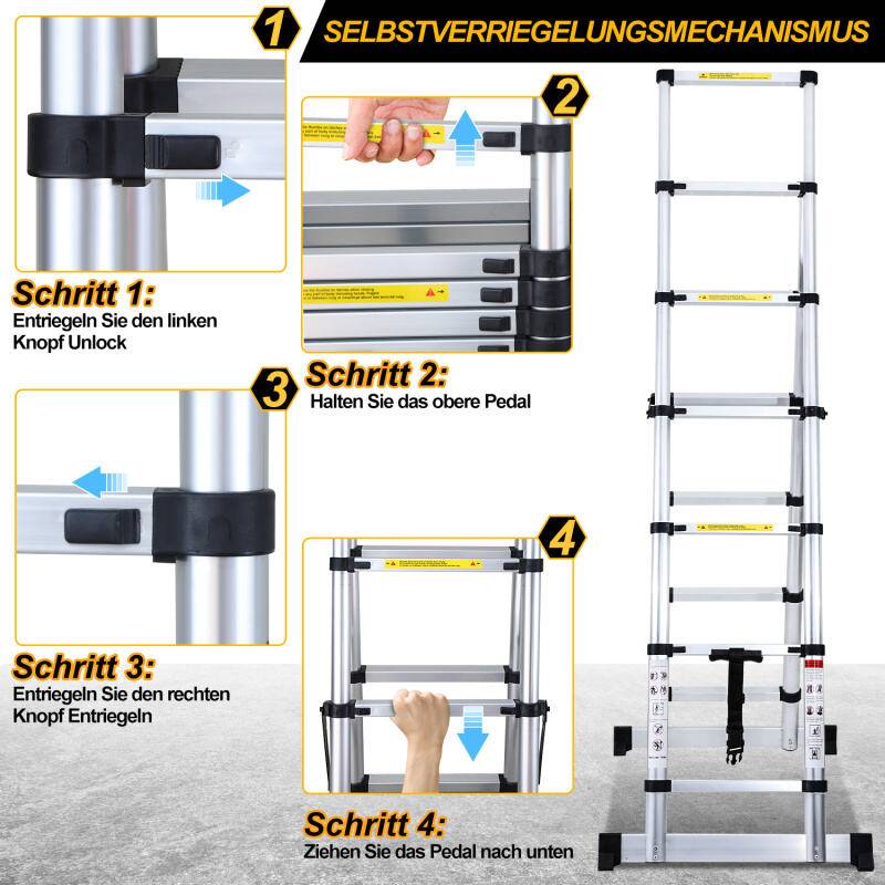 Teleskopleiter Ausziehleiter Klappleiter Stabil Aluminium Stehleiter bis 150kg Mit Waagebalken 1.7m+2.0m