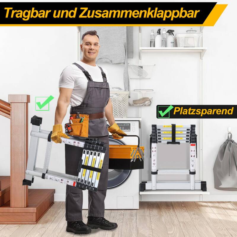 Teleskopleiter Ausziehleiter Klappleiter Stabil Aluminium Stehleiter bis 150kg 2.0m+2.3m Mit Waagebalken