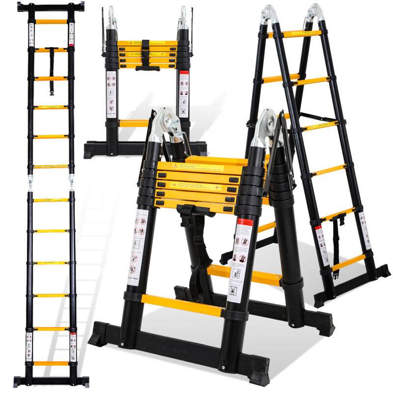 Teleskopleiter Ausziehleiter Klappleiter Stabil Aluminium Stehleiter 1,9m+1,9m gelblich schwarz ohne haken Mit Stabilisator Mit Rädern