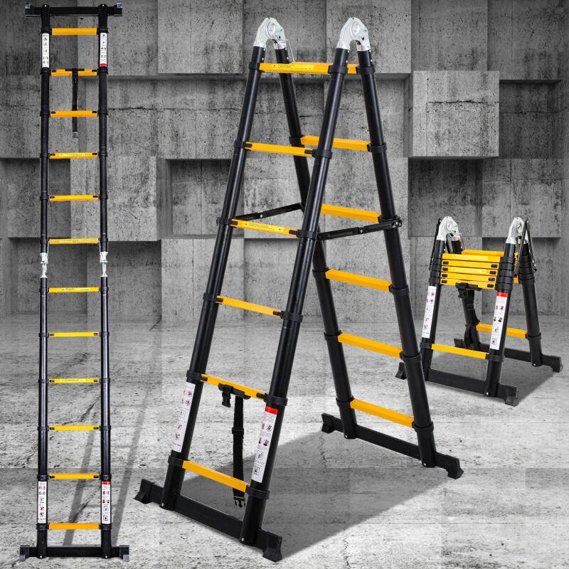 Teleskopleiter Ausziehleiter Klappleiter Stabil Aluminium Stehleiter 1,9m+1,9m gelblich ohne haken Mit Stabilisator Mit Rädern schwarz