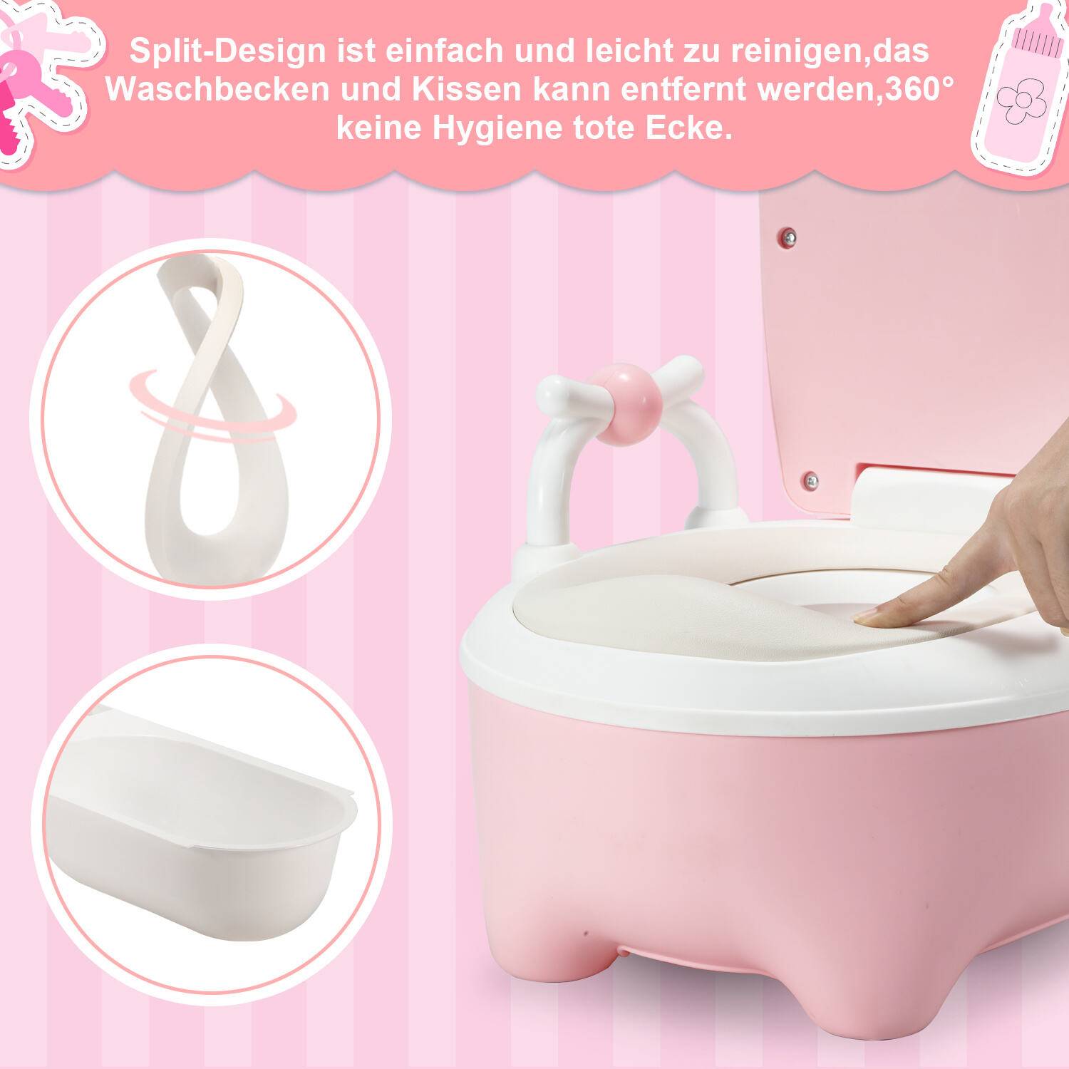 Kindertöpfchen 48.5cm hoch Kindertoilette PP+PU Töpfchen mit abnehmbarem Behälter Baby Tolilette mit Spritzschutz & Armlehnen Toilettentraining fü