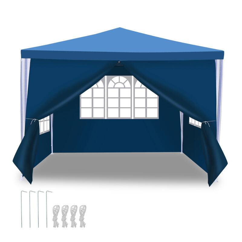 Garten Pavillon mit 4 Seitenteilen tragbares wasserdichtes Zelt mit Spiralschläuchen Partyzelt Blau 3 x 3 m