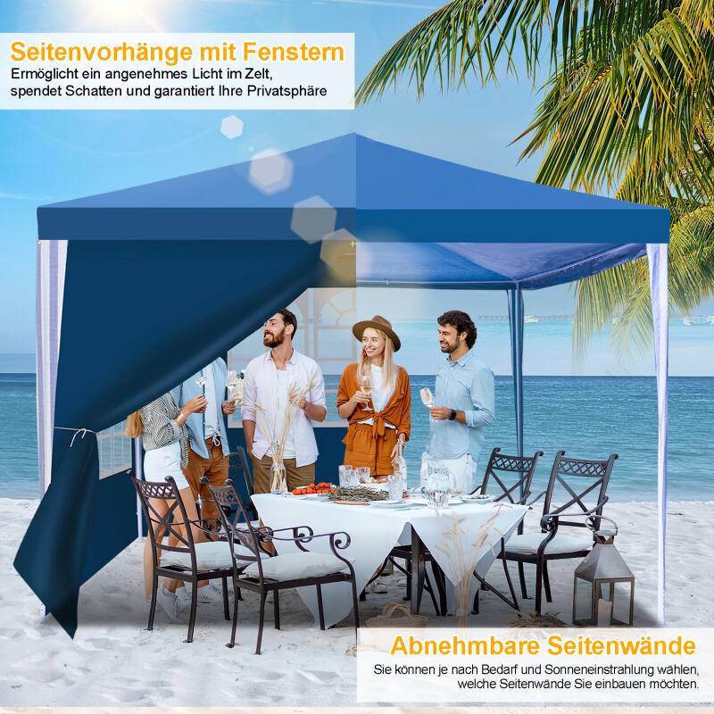 Pavillon Garten mit 3 abnehmbaren Seitenteilen tragbares Zelt Partyzelt mit Spiralschläuchen und großen Fenstern, für Party Hochzeiten Camping wass