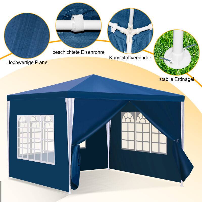 Pavillon Garten mit 3 abnehmbaren Seitenteilen tragbares wasserdichtes mit großen Fenstern und Spiralschläuchen Zelt Partyzelt