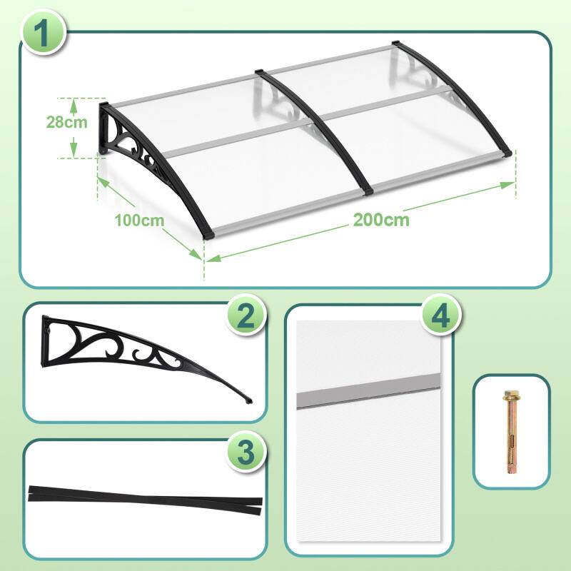 Vordach Überdachung Pultvordach Haus Türvordach Haustürvordach Transparent 100x200CM