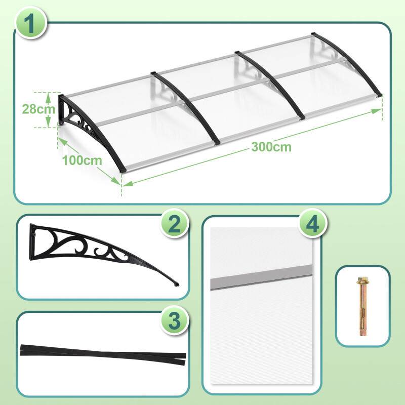 Vordach Türdach Haustürvordach Pultvordach Haustürdach Überdachung(100x300cm)