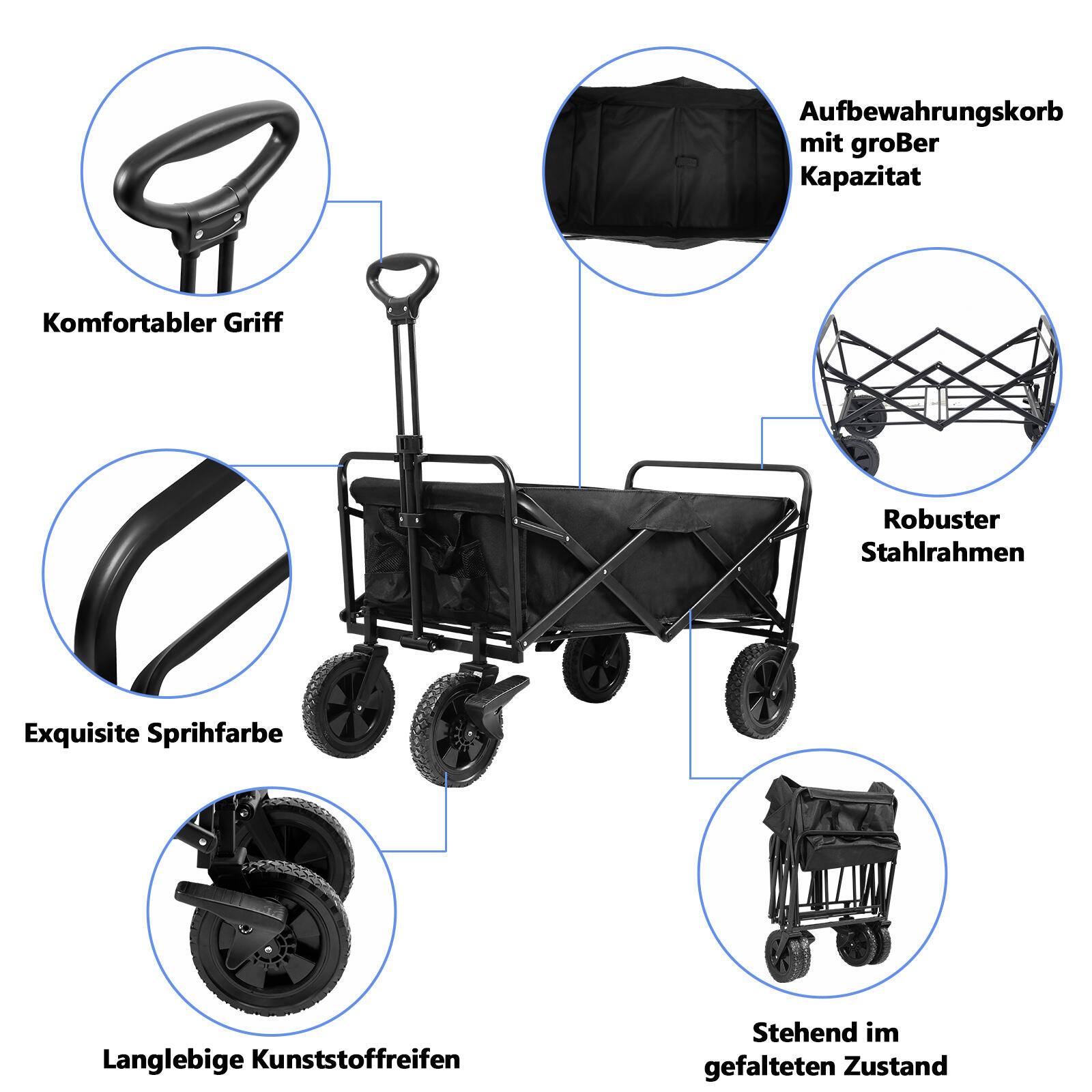 Bollerwagen Faltbar Handwagen Klappbar Gerätewagen Gartenwagen Transportwagen mit Teleskopgriff Strandwagen Schwarz
