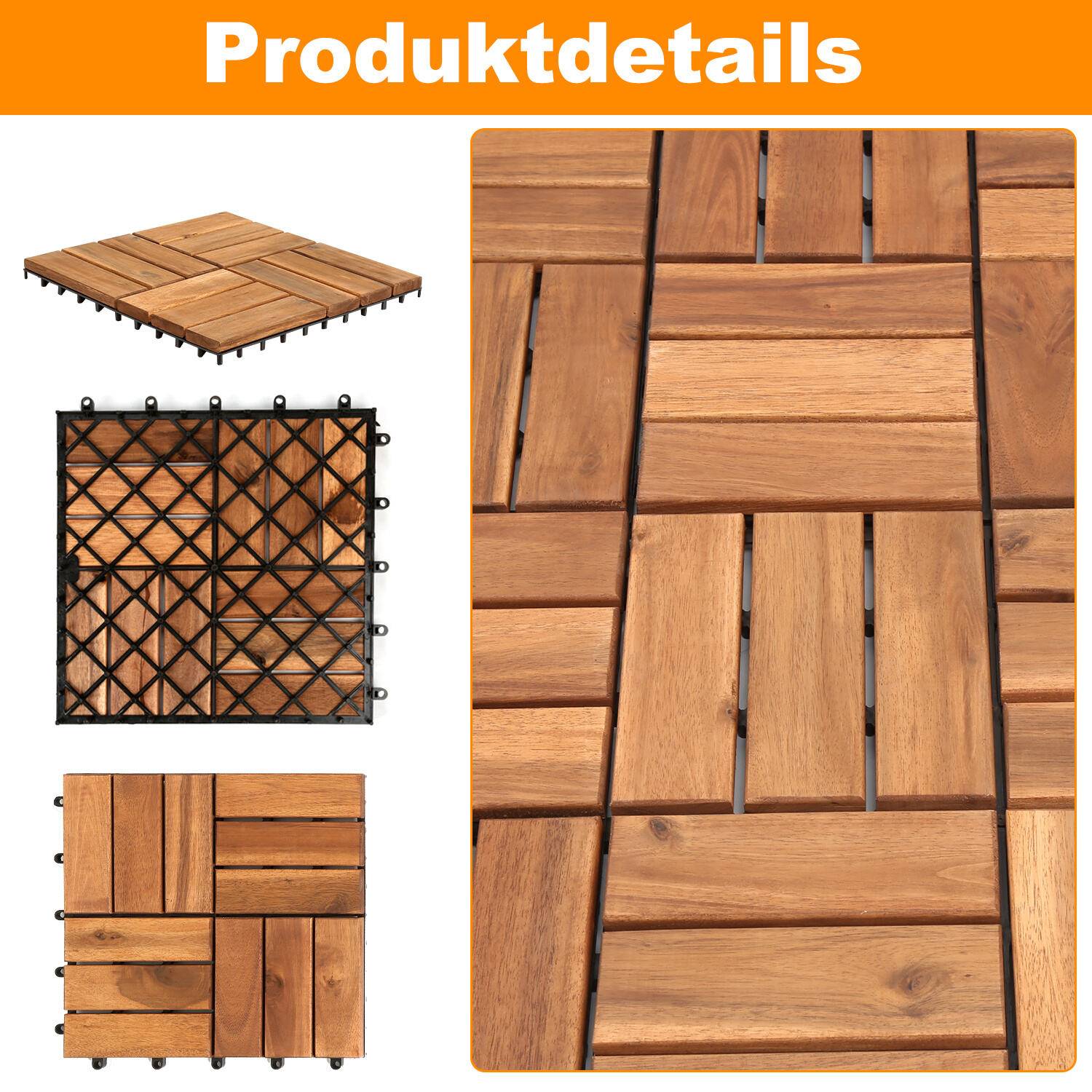 Holzfliesen 55x 5m² Akazienholz Terrassenfliesen Klickfliesen 30x30cm Garten Balkon Mosaik