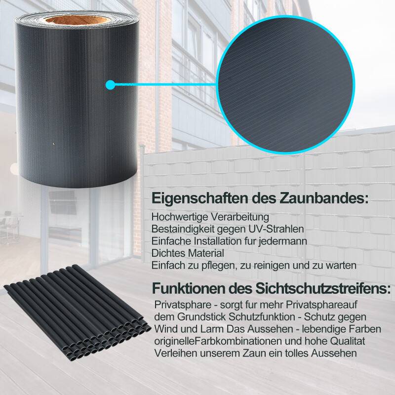 Sichtschutzstreifen Zaun Folie Blickdicht Dick PVC Doppelseitiger Reflexionsarm Sonnenschutz Sichtschutzfolie 35m x 19cm Anthrazit