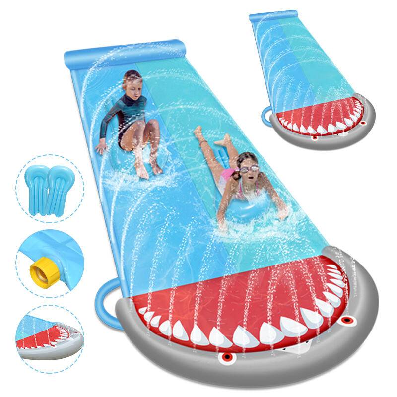 Wasserrutsche Outdoor Sommer Rasen,550 * 145cm Hai-Stil Wasserspielzeug Garten Wassermatte, Wasser Rutsche mit 2xSurfbrett
