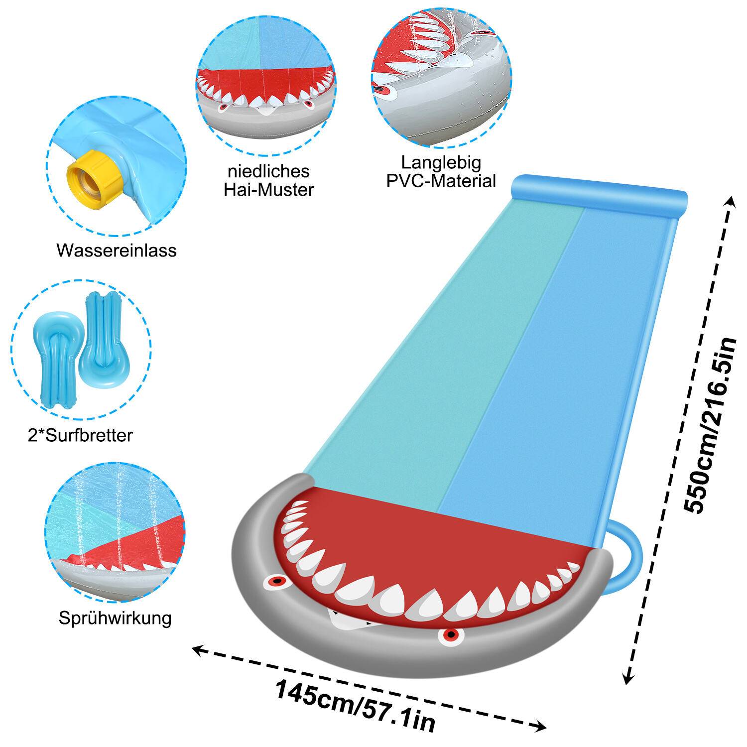Wasserrutsche Outdoor Sommer Rasen,550 * 145cm Hai-Stil Wasserspielzeug Garten Wassermatte, Wasser Rutsche mit 2xSurfbrett, mit eingebautem