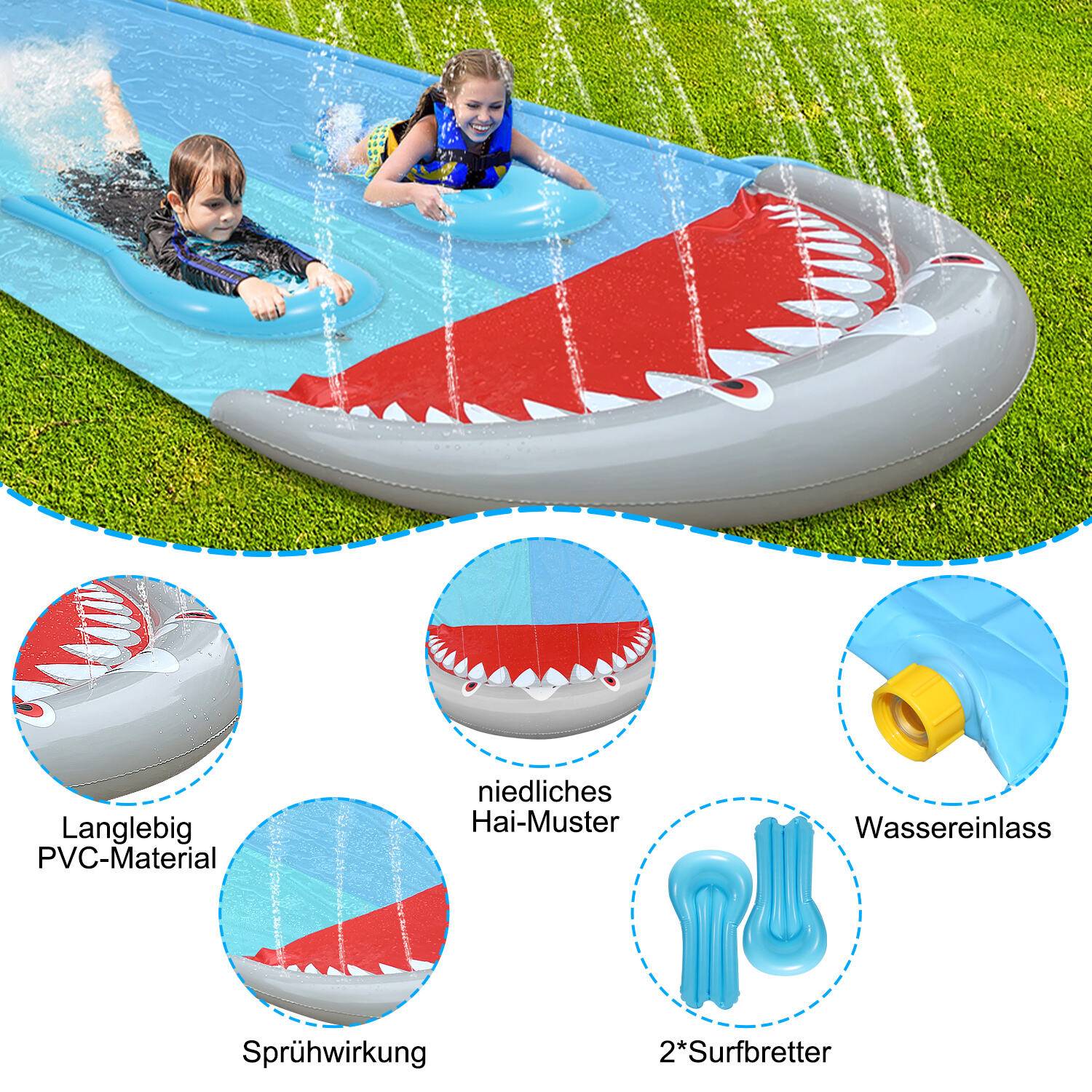 Wasserrutsche Outdoor Sommer Rasen,550 * 145cm Hai-Stil Wasserspielzeug Garten Wassermatte, Wasser Rutsche mit 2xSurfbrett, mit eingebautem