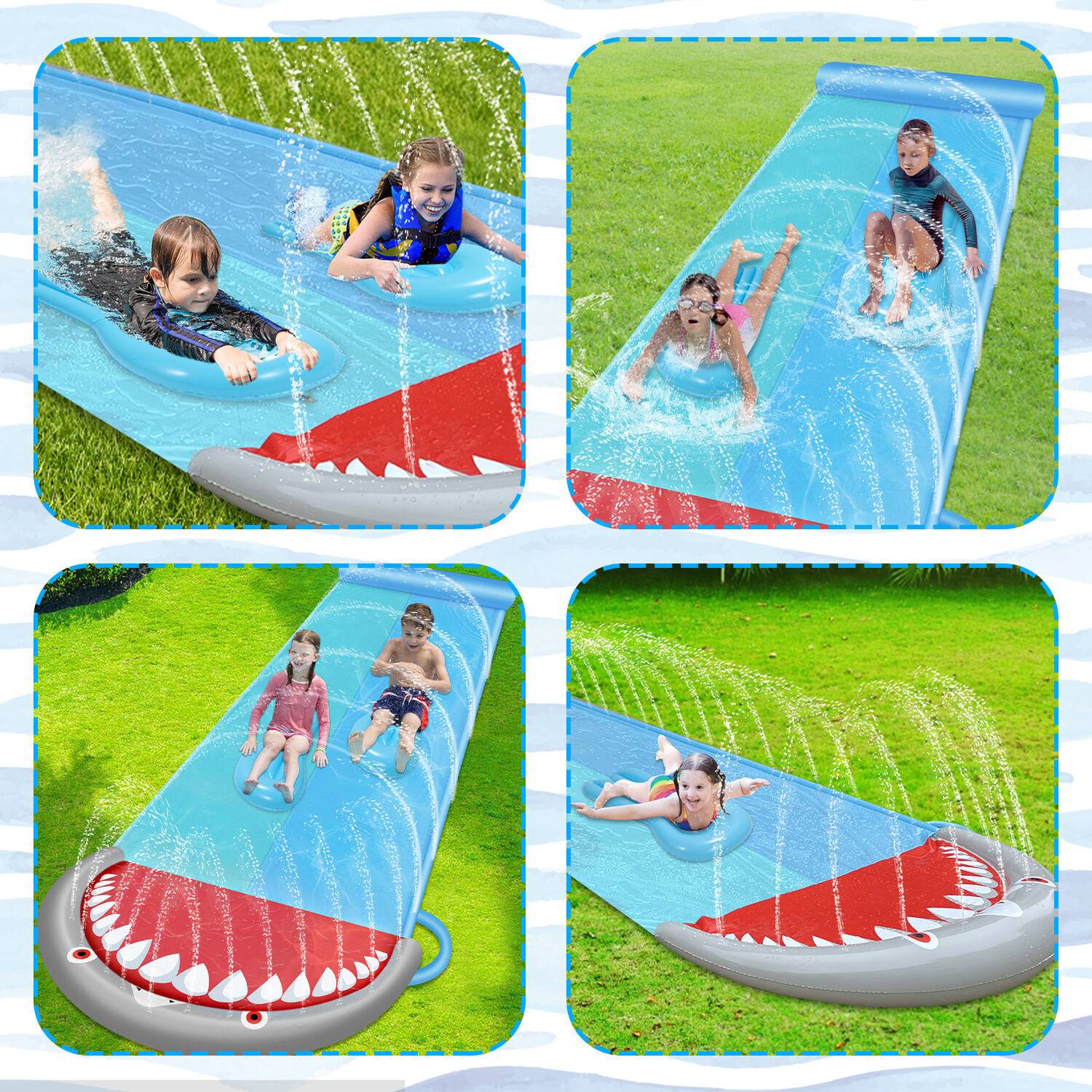 Wasserrutsche Outdoor Sommer Rasen,550 * 145cm Hai-Stil Wasserspielzeug Garten Wassermatte, Wasser Rutsche mit 2xSurfbrett, mit eingebautem