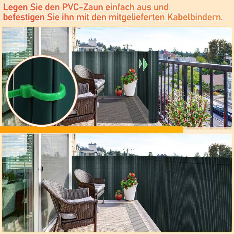 PVC Sichtschutzmatte Sichtschutzzaun Sichtschutz für Zaun Balkon Grün 140x300cm Stabile W-Form