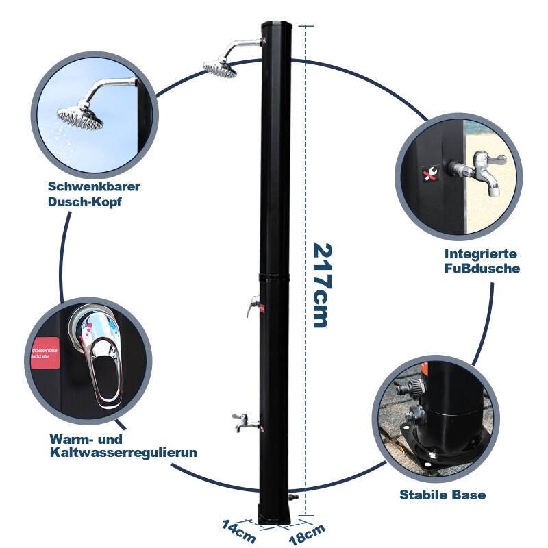Solardusche Maximaler Druck 3,5 bar schwenkbarer Duschkopf Pooldusche für den Garten bis 60°C Einstellbare Temperatur 35L Mit Schutzhülle schwarz