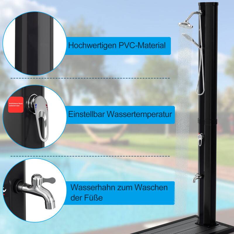Solardusche Pooldusche für den Garten Outdoor Dusche bis 60°C Einstellbare Temperatur 40L Mit Handbrause Mit Schutzhülle Schwarz