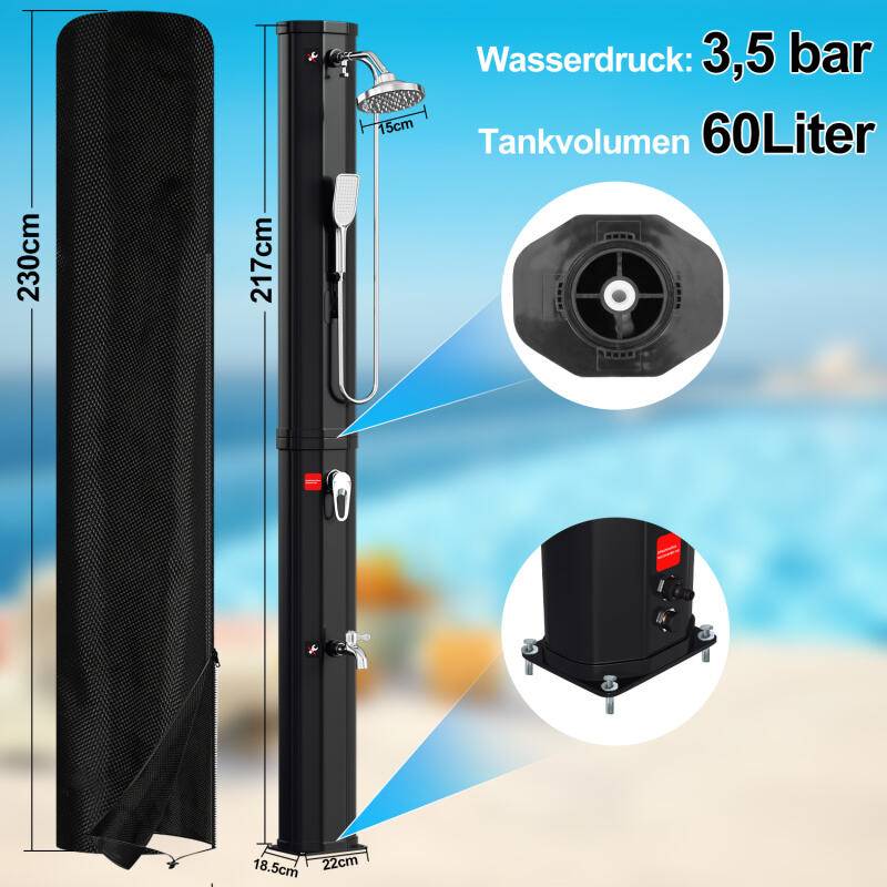 Solardusche Gartendusche bis 60°C Einstellbare Temperatur Für den Außenbereich 60L Mit Handbrause Mit Schutzhülle Schwarz