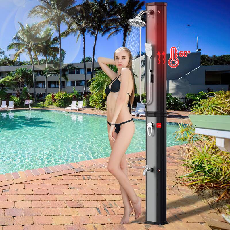 Solardusche Gartendusche Wasserhahn Camping Pooldusche Solar Außendusche 60L (mit Schutzabdeckung、mit Handbrause、Silber)