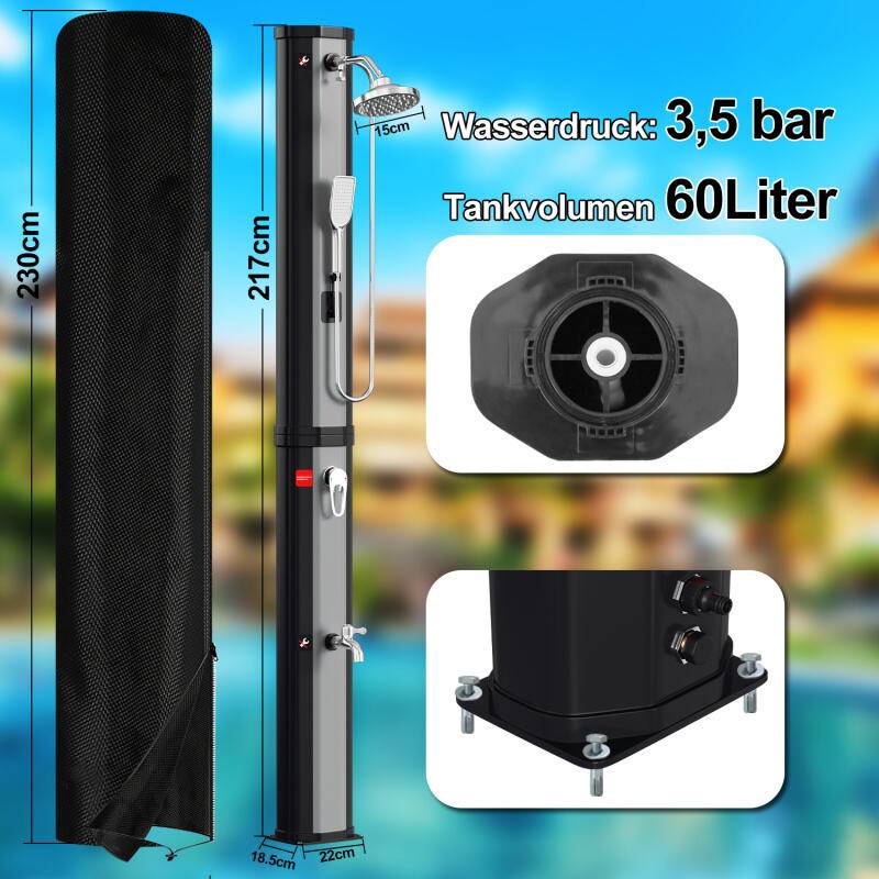 Solardusche Maximaler Druck 3,5 bar Einstellbare Temperatur Pooldusche für den Garten Für Pools, Terrassen und Gärten 60L Mit Handbrause Mit Schutz