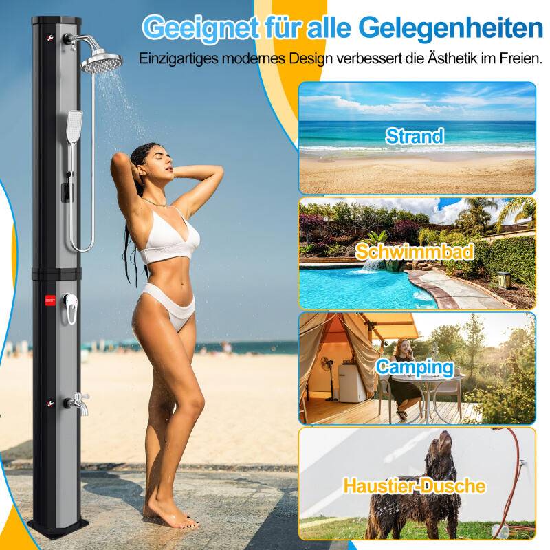 Solardusche Gartendusche Wasserhahn Camping Pooldusche Solar Außendusche 60L (mit Schutzabdeckung、mit Handbrause、Silber)