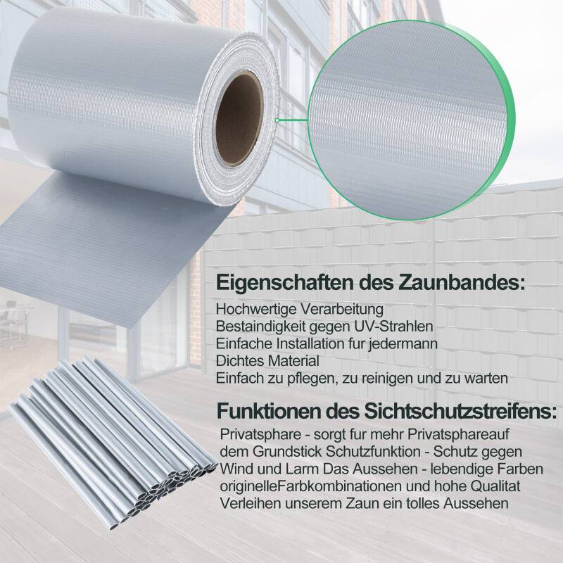 Sichtschutzstreifen Zaun Folie Blickdicht Dick PVC Doppelseitiger Reflexionsarm Sonnenschutz Sichtschutzfolie 6 Rollen á 70m x 19cm Grau