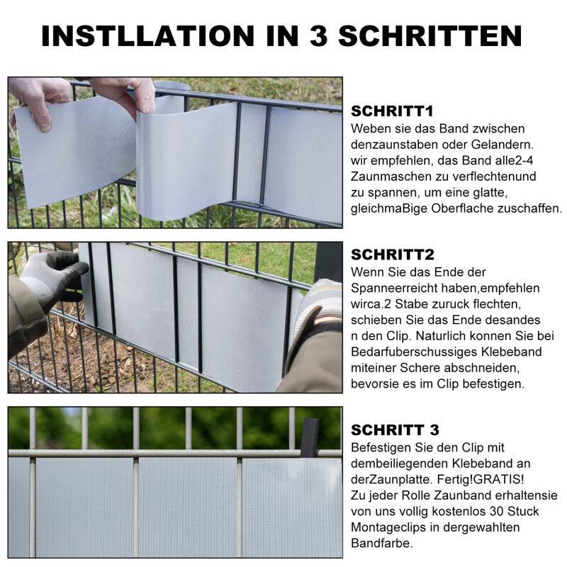 Sichtschutzstreifen Verschiedene Doppelstabmatten PVC Zaun Folie Gartenzaun Reflexionsarm mit Clips 6 Rollen á 70m x 19cm Grau