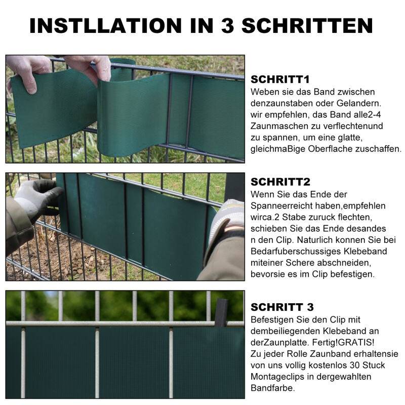 Sichtschutzstreifen Verschiedene Doppelstabmatten PVC Zaun Folie Gartenzaun Reflexionsarm mit Clips 70m x 19cm Grün