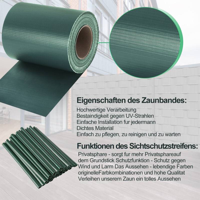 Sichtschutzstreifen Verschiedene Doppelstabmatten PVC Zaun Folie Gartenzaun Reflexionsarm mit Clips 70m x 19cm Grün