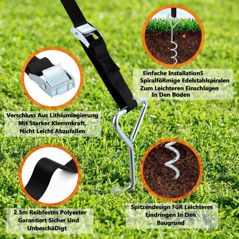 Bodenanker für Trampolin, 4 Stück, Sturm-Anker zum Eindrehen mit verstellbarem Gurt, Erdanker/Erdnagel verzinkt, für Schaukel, Gartenhaus etc., Kip