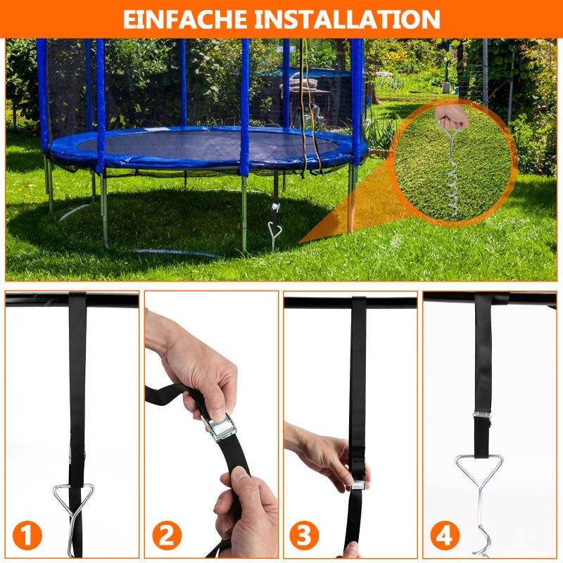Bodenanker für Trampolin, 4 Stück, Sturm-Anker zum Eindrehen mit verstellbarem Gurt, Erdanker/Erdnagel verzinkt, für Schaukel, Gartenhaus etc., Kip