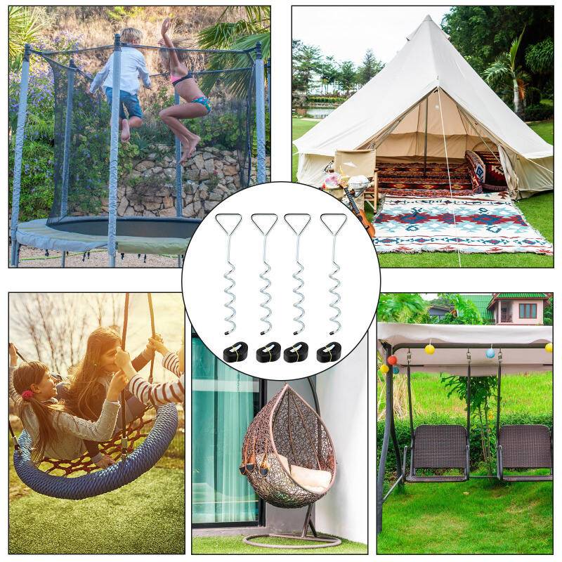 Bodenanker für Trampolin, 4 Stück, Sturm-Anker zum Eindrehen mit verstellbarem Gurt, Erdanker/Erdnagel verzinkt, für Schaukel, Gartenhaus etc., Kip